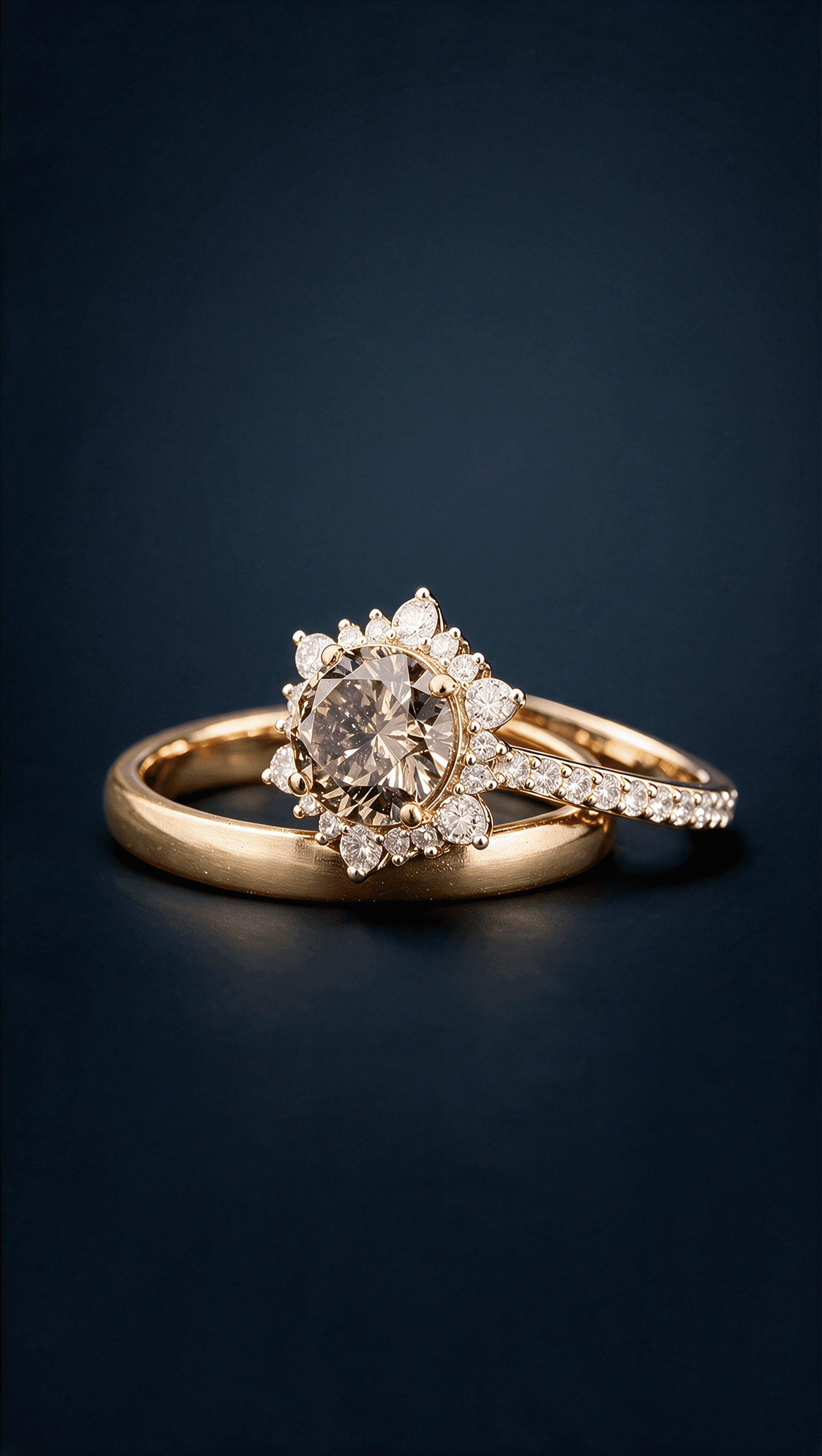 Rose-gold halo engagement ring stacked with a gold band on a dark surface